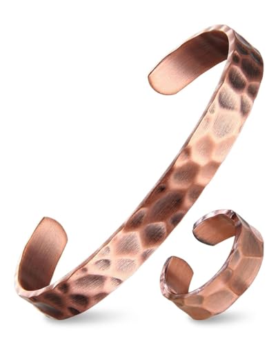 Pure Copper Bracelet and Ring Set – Copper Bracelet for Men & Women – 100% Solid, Raw & Uncoated Handmade Hammered Tibetan Cuff Bangle - color: copper079