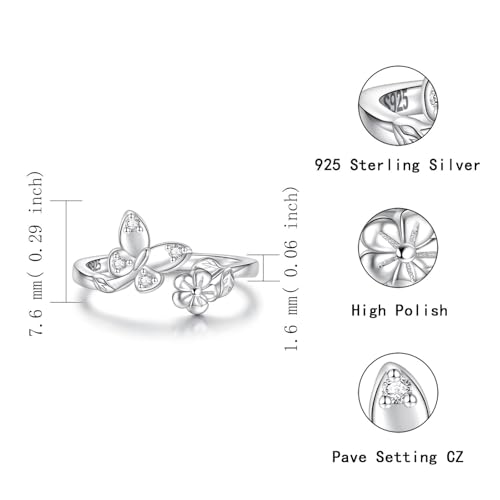 Sariel 925 Sterling Silver Toe Rings for Women Boho Adjustable Mid Finger Rings Summer Vacation Ocean Beach - color: Butterfly & flower
