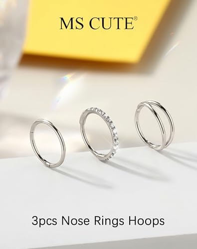 316L Stainless Steel Nose Ring Set – 3PCS Nose Hoops with Cubic Zirconia, 20G/18G, Silver/Black/Gold, 7mm/8mm Sizes, Seamless & Hinged Design for Sensitive Skin Jewelry - color: Silver, size: 20g 6mm