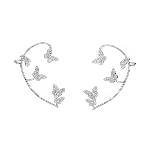 Luxury 3D Butterfly Cuff Earrings Ear Wrap Earrings Crystal CZ No Piercing Ear Clip Crawler Full Rhinestone for Women Wedding Jewelry - style: 1 Pairs Silver