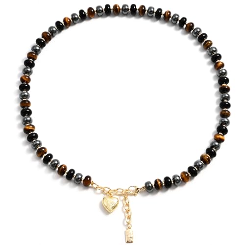 Boho Gemstone Beaded Necklace for Women – Colorful Natural Stone Choker 18K Solid Heart-Shaped Pendant, Summer Beach Jewelry - color: Triple Protection