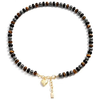 Boho Gemstone Beaded Necklace for Women – Colorful Natural Stone Choker 18K Solid Heart-Shaped Pendant, Summer Beach Jewelry - color: Triple Protection