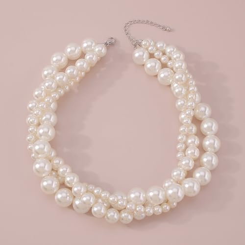 Chunky Pearl Choker Necklace - Stackable Statement Wedding Party Jewelry Gift - size: set