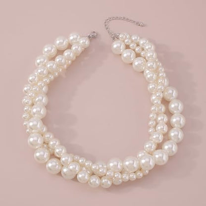 Chunky Pearl Choker Necklace - Stackable Statement Wedding Party Jewelry Gift - size: set