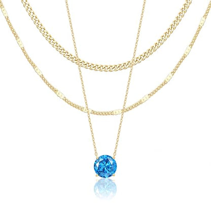 WomenGifts Layered Gold Necklaces for Women, 14K Gold Sterling Silver Plated Dainty Pendant Necklace Set Non Tarnish, Chunky Stackable Cuban Chain Choker, Trendy Birthstone Vacation Jewelry Gift - color: Gold, style: Cubic Zirconia-Created Aquamarine-Mar