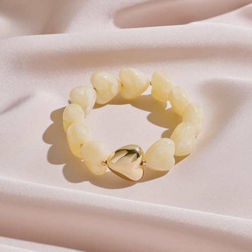 Multicolor Chunky Beaded Bracelet for Women Bold Acrylic Resin Stretch Bracelet Summer Beach Statement Bracelets Trendy Elastic Bangle Jewelry - color: Heart bracelet-cream white