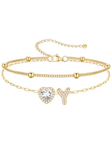 PROSTEEL Initial Ankle Bracelets for Women Waterproof, A-Z Gold/Silver Layered Anklets Adjustable, Summer Beach Gift Jewelry - color: Gold, size: Y