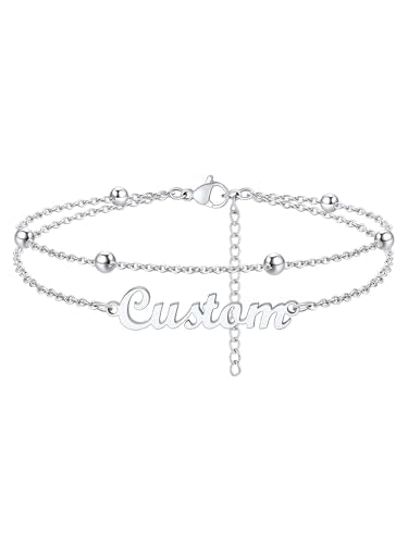 Custom4U Custom Name Anklet Bracelets for Women Waterproof Beaded/Figaro/Cuban/Rope/Wheat Chain Anklet Stackable Gold Plated Non Tarnish Custom Beach Gift Barefoot Summer Jewelry for Her - color: A02-Silver Beaded Chain