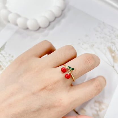 Cute Cherry Red Enamel Statement Ring for Women Summer Fruit Food Green Leaves Stainless Steel Finger Rings Stackable Sweet Adjustable Open Wrap Band Comfort Fit Fashion Jewelry for Girlfriend Sisters