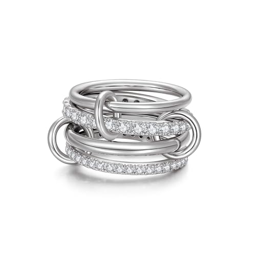 Gold Silver Stackable Rings for Women Mixed Metal Interlocked Ring Stack | Multi Ring set non tarnish 14K Gold Plated Cubic Zirconia Fashion trendy Two Tone Connected Bands Statement rings Size 4-11 - color: 02-Silver 4 rings
