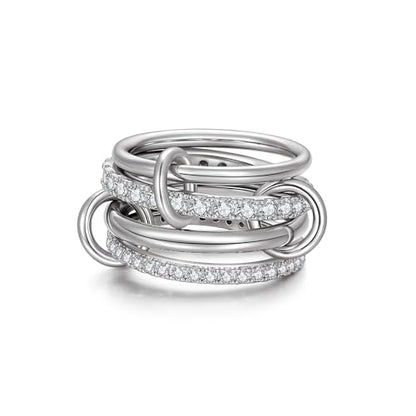 Gold Silver Stackable Rings for Women Mixed Metal Interlocked Ring Stack | Multi Ring set non tarnish 14K Gold Plated Cubic Zirconia Fashion trendy Two Tone Connected Bands Statement rings Size 4-11 - color: 02-Silver 4 rings