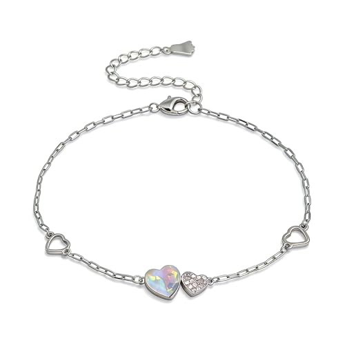 Silver Heart Charm Link Anklet for Women, Adjustable Handmade Cubic Zirconia Stackable Waterproof Summer Beach Chain Anklets Jewelry Accessories Gift - color: Silver Opal Heart
