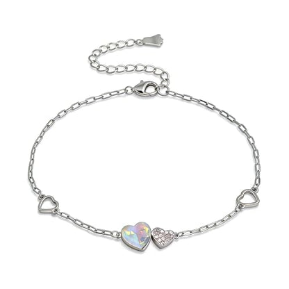 Silver Heart Charm Link Anklet for Women, Adjustable Handmade Cubic Zirconia Stackable Waterproof Summer Beach Chain Anklets Jewelry Accessories Gift - color: Silver Opal Heart