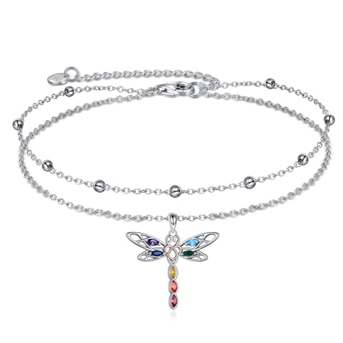 POPLYKE Frog/Pearl/Dragonfly/Ladybug/Highland Cow/Pearl/Moonstone Anklets Sterling Silver Double Layered Chain Beach Anklets for Women Foot Jewelry - style: Dragonfly Anklets-1