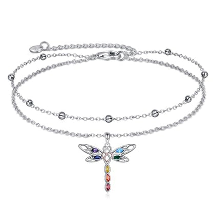 POPLYKE Frog/Pearl/Dragonfly/Ladybug/Highland Cow/Pearl/Moonstone Anklets Sterling Silver Double Layered Chain Beach Anklets for Women Foot Jewelry - style: Dragonfly Anklets-1