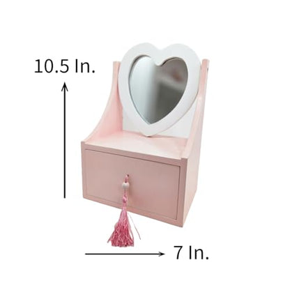 A&C Quinceañeras and More Jewelry Box for Little Girls, Wooden, Pink, Gift Box Heart Shame Mirrow with drawer. (Heart Shaped Mirror) - style: Heart Shaped Mirror