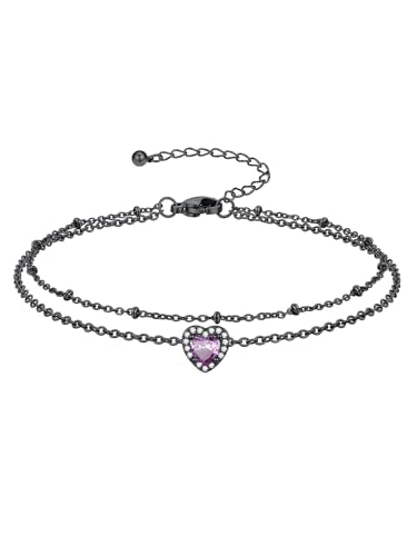 Richsteel Double Layer Heart/Butterfly Birthstone Anklet for Women | Non Tarnish Waterproof, Silver/Gold/Black Stainless Steel 8.5-10.5 Inch Adjustable Chain Anklets Summer Beach Foot Jewelry - color: Black Heart-06 Jun.(Alexandrite)