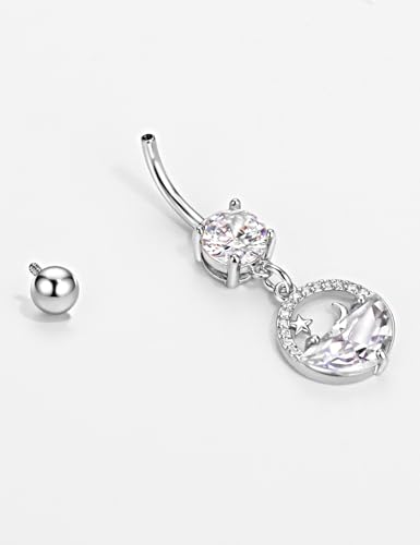 Belly Button Ring Dangle, Cross Belly Button Ring, Navel Piercing | 316L Surgical Steel, AAA+ Cubic Zirconia, Nickel-Free, Hypoallergenic, Multi-Style, 14 Gauge 10 mm Screw On Piercing Stud - style: Moon Star Lake