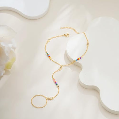 Hand Chain Bracelets for Women - 14K Real Gold Plated Dainty Stackable Paperclip Link Bracelets Hand Chain Bracelet Ring Gold Bracelets for Women Trendy - color: Colorful CZ Hand Chain