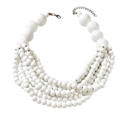 Handmade Layered Wood Bead Necklace for Women - Chunky African Statement Necklace, Natural Khaki Beaded Jewelry, Hypoallergenic & Skin-Safe for Sensitive Skin, Boho Rainbow Inspired Chunky Collar Necklace - color: White