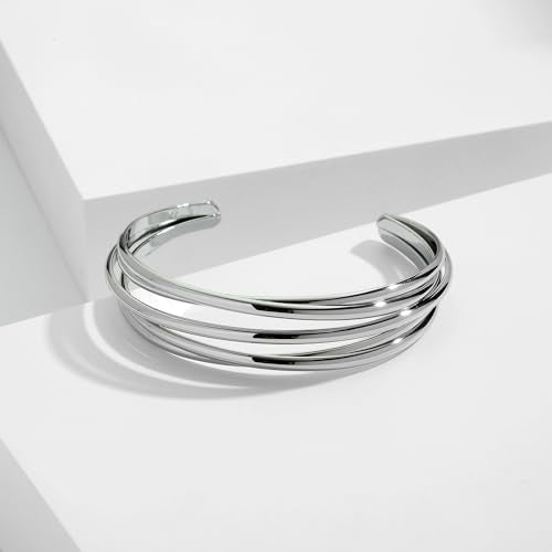 Gold Cuff Bracelet for Women Chunky Multi-layer Cross Wire Open Bracelet Hollow Wide Cuff Bracelets Adjustable Gold Open Cuff Bangle Bracelet - color: Wire Hollow Silver Bracelet