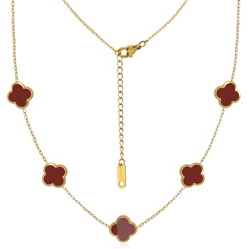 Four Leaf Clover Necklace 18K Gold Plated Necklaces for Women Lucky Flower Pendant Adjustable Link Chain Stainless Steel Dainty Trendy Simple Jewelry Gifts for Women - color: 5G-Single Red
