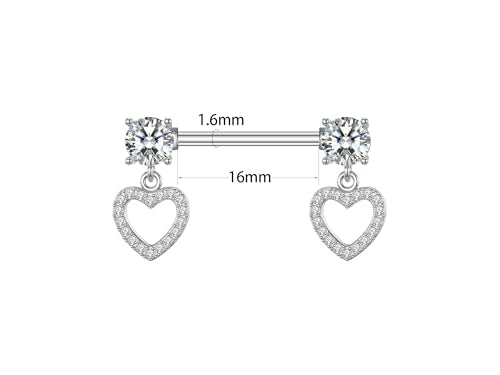 HQLA 14G Dainty CZ Love Heart Nipple Rings Tongue Ring Surgical Steel Nipple rings Piercing Women Barbells 2Pcs 25/8"(16mm) - style: Silver - Style D - Dangle CZ Love