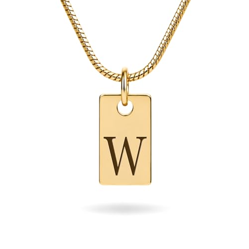 Initial Necklace in 18K Gold Plated, Personalized Engraved Letter Pendant, Gold Snake Chain, 6×10 mm Rectangle Charm for Women - color: W
