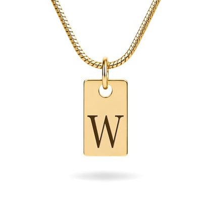 Initial Necklace in 18K Gold Plated, Personalized Engraved Letter Pendant, Gold Snake Chain, 6×10 mm Rectangle Charm for Women - color: W