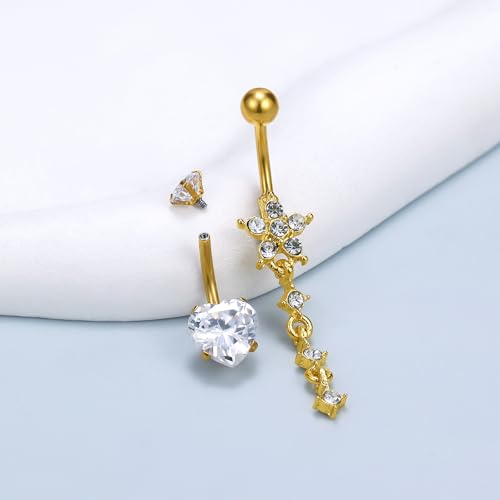 Vsnnsns 14G Dangle Belly Button Ring Piercing Jewelry 316L Stainless Surgical Steel Heart Flower CZ Reverse Navel Rings Dangling Belly Button Ring Piercing Jewelry for Women 14 Gauge Hypoallergenic - style: 5Pcs Gold