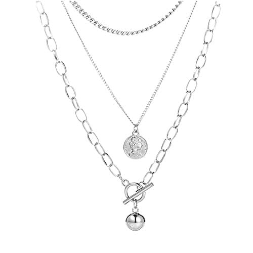 Womens Silver Layered Necklace Set, Triple Strand Hip Hop Coin Pendant Choker, Chunky Link Chain Jewelry for Streetwear