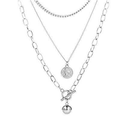 Womens Silver Layered Necklace Set, Triple Strand Hip Hop Coin Pendant Choker, Chunky Link Chain Jewelry for Streetwear