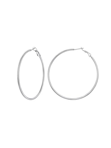FaithHeart 2mm Thin Hoop Earrings for Women Hypoallergenic, Silver/Black/14K Gold Plated Stainless Steel Large Hoop Earrings for Women Lightweight Earring Trendy Jewelry, 20mm-100mm - color: Silver, size: 60mm/2.36"