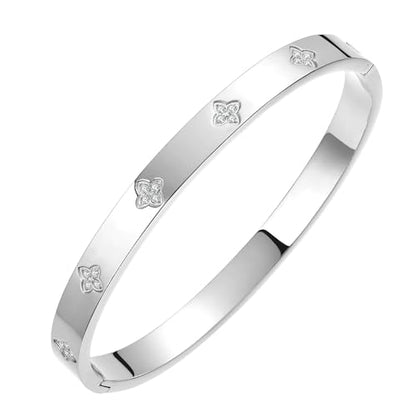 14K Gold Plated Four Leaf Clover Bangle Bracelet | Stainless Steel Lucky Love Cuff with Cubic Zirconia, Hypoallergenic Jewelry Gift for Women - color: Clover Silver-Small