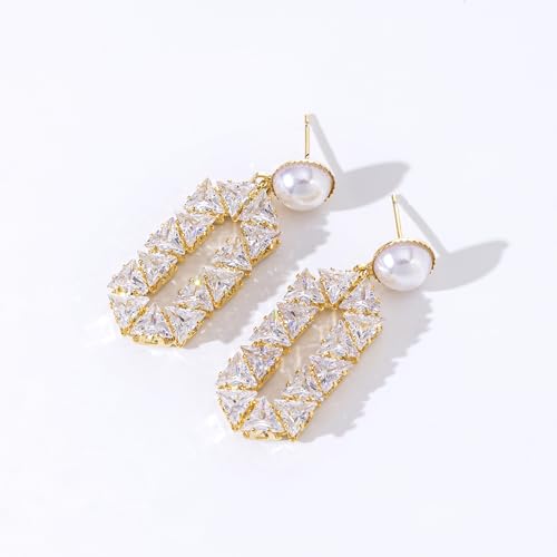 Statement Pearl Cubic Zirconia Drop Earrings for Women,Sterling Silver Post Sparkling Geometric Dangle Earrings for Wedding Party Everyday