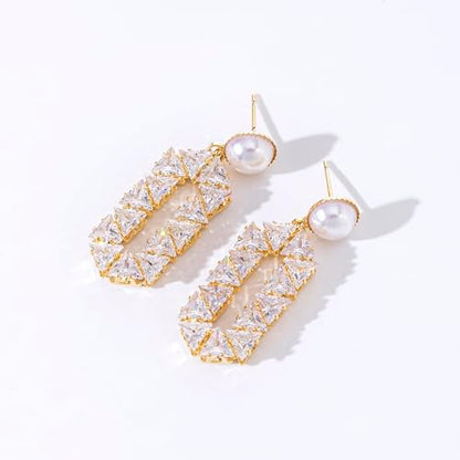 Statement Pearl Cubic Zirconia Drop Earrings for Women,Sterling Silver Post Sparkling Geometric Dangle Earrings for Wedding Party Everyday