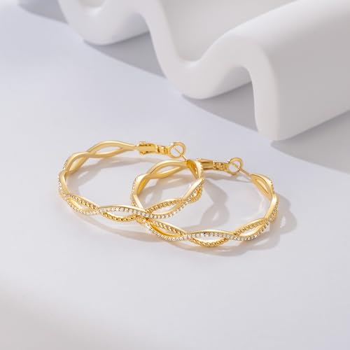 Gold Hoop Earrings for Women 14K Gold Earrings for Women | Twist CZ Gold Hoop Earrings 14K Gold Hoop Earrings Hypoallergenic Lightweight Gold Hoop Earrings for Women 20/25/30/40/50mm - size: 40MM