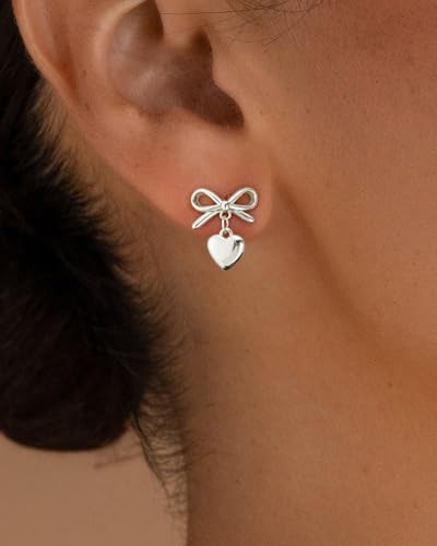 Stud Earrings for Women- 14K Gold/White Gold Plated/Black Bow Dragon Softball Snake Bat Stud Earrings - color: Silver Bow Heart