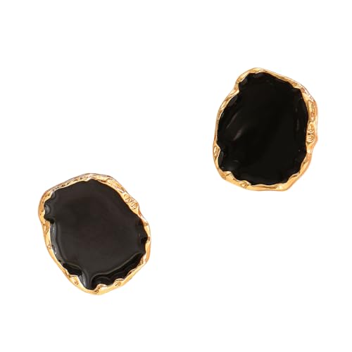 Statement Big Chunky Gold Black Two-tone Enamel Drip Ring Earrings Set for Women, Retro Large CZ Crystal Cocktail Rings Earring Geometric Jewelry Gift - color: Black 2