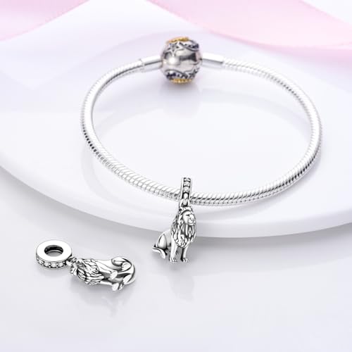 S925 Sterling Silver Cute Bead Charm for Pandora Bracelets and Necklaces | Lucky Clover Cute Animal Pink Bow Cherry Butterfly Pendant Bead Charms Jewelry Making Gifts for Women Valentines Mother's Day - style: Lion Dangle Charm