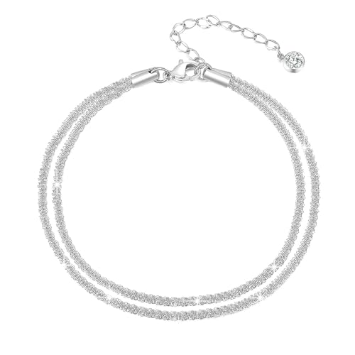 Ankle Bracelets for Women,14K Gold Plated Snake Chain Anklet for Women Beach Cute Anklets - color: Layered Chain Silver