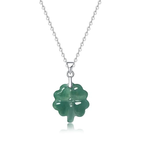 Real Green Jade Pendant Necklace for Women Donut/Heart/Clover/Teardrop/Rose/Lotus Flowers Genuine Jadeite Jewelry with Gold Plated 925 Sterling Silver Chain - style: Four leaf clover silver necklace