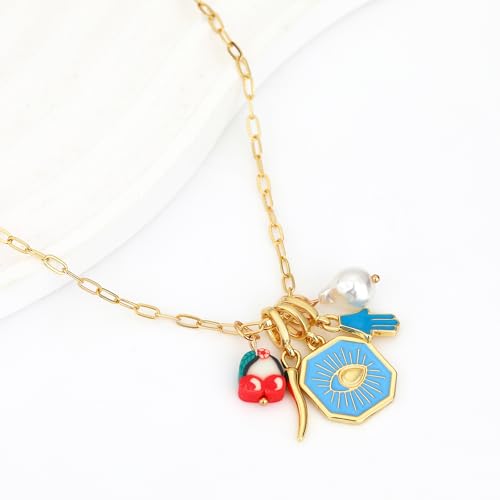 Charm Necklace for Women Gold Evil Eye Sun Moon Flower Coin Pendant Necklace Dainty Paperclip Chain Vintage Luck Amulet Choker Necklaces Celestial Jewelry Gift - style: 5 Charms-Blue Enamel
