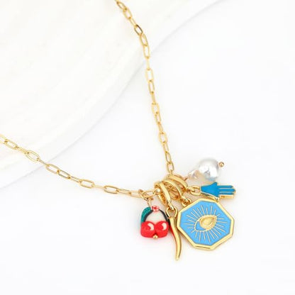 Charm Necklace for Women Gold Evil Eye Sun Moon Flower Coin Pendant Necklace Dainty Paperclip Chain Vintage Luck Amulet Choker Necklaces Celestial Jewelry Gift - style: 5 Charms-Blue Enamel