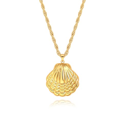 18k Gold Plated Chain Link Necklace for Women, Baroque Pearl/Compass Pendant Necklace - color: Shell