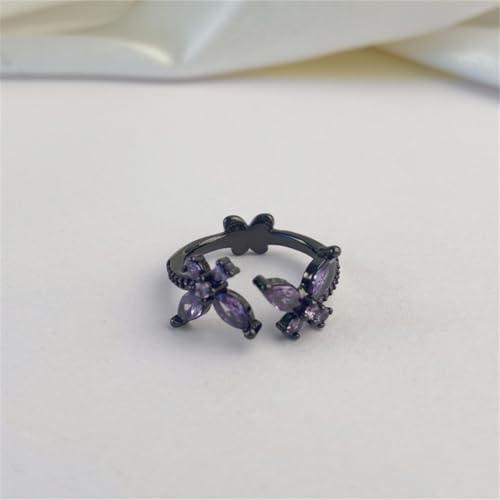 Gothic CZ Butterfly Open Band Rings for Women Silver Gold Plaed Black Butterflies Animals Crystal Statement Stacking Wrap Finger Ring Adjustable Comfort Fit Punk Halloween Party Jewelry