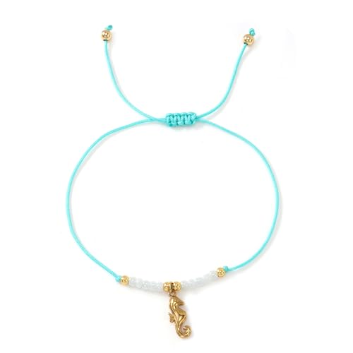 Boho Glass Seed Beaded Bracelets For Women, Handmade Romantic Gold Plated charm String Braided Rope Adjustable Jewelry, Summer Beach Daily Party Friendship Gift - color: Blue Seahorse