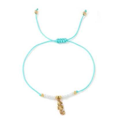 Boho Glass Seed Beaded Bracelets For Women, Handmade Romantic Gold Plated charm String Braided Rope Adjustable Jewelry, Summer Beach Daily Party Friendship Gift - color: Blue Seahorse