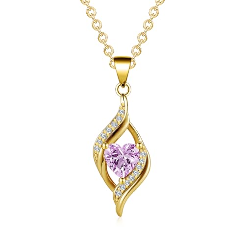 Birthstone Necklace for Women, 14K Gold Plated Heart Cubic Zirconia Pendant, Dainty Birthstone Jewelry Necklace Gifts for Birthday, Valentine’s Day Mother's Day - color: October-Tourmaline