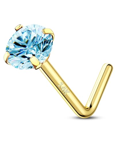 14K Real Gold Nose Studs 20G Nose Rings Studs L Shaped Nose Rings for Women Men Diamond CZ Nose Piercing - color: Yellow Gold-Round BLCZ